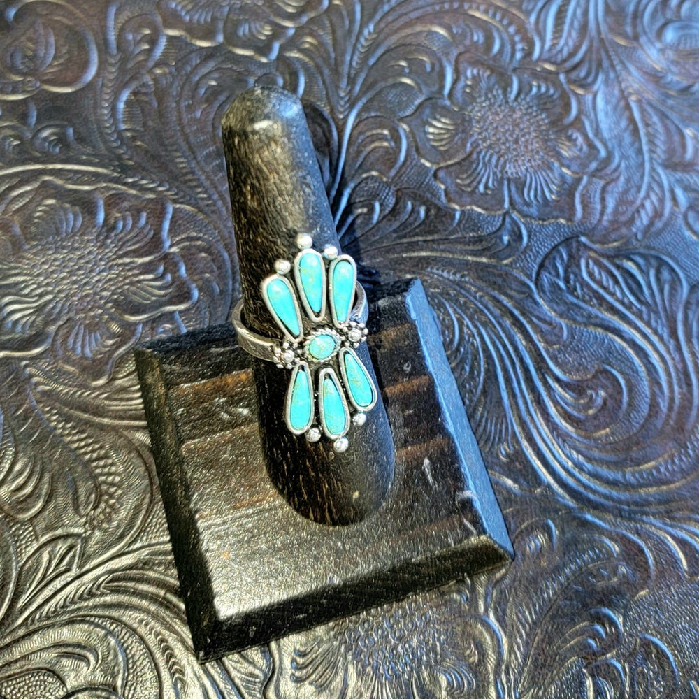 Punchy Western Turquoise Ring Antique Lightening Bolt Native Floral Burst Floral
